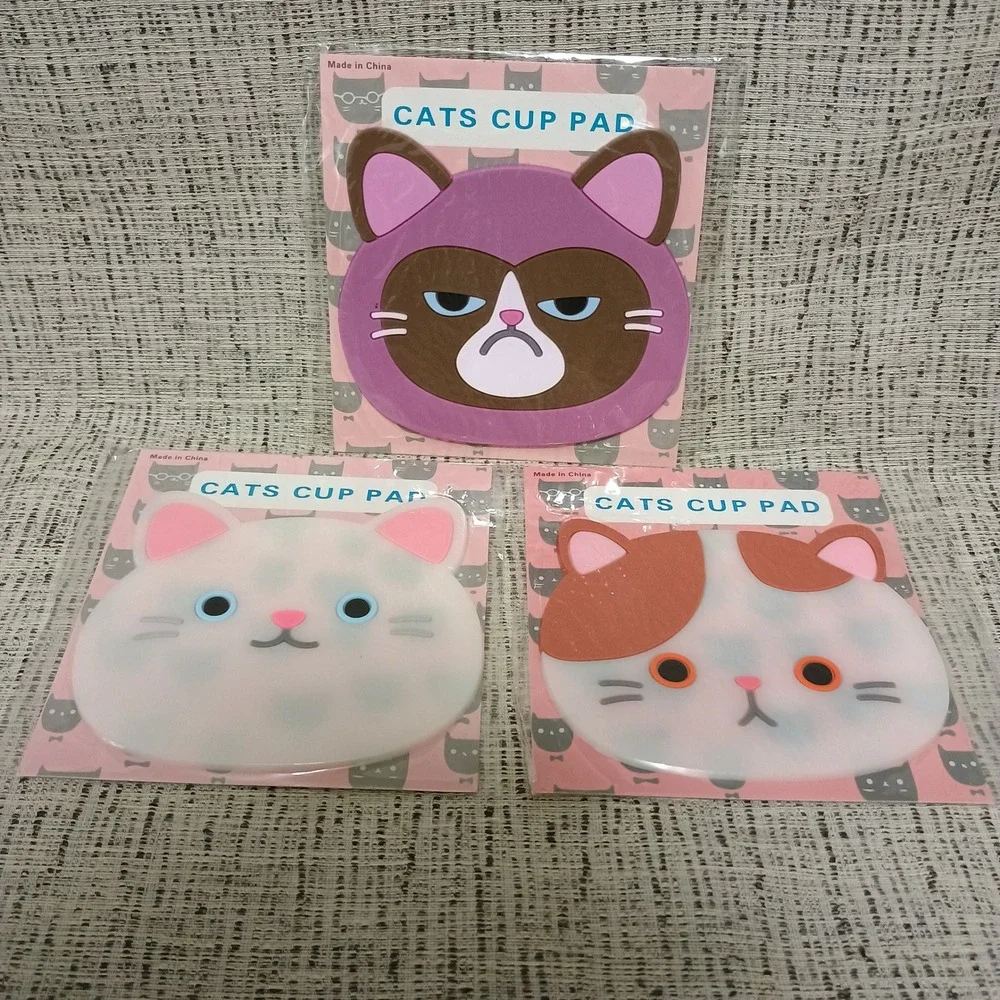 Set of 3 Cat Silicone Coasters Grumpy White Calico Kitty Cup Pads Heat Resistant